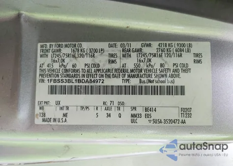 2011 Ford E-350 Super Duty Xlt z USA, uszkodzony, nr VIN 1FBSS3BL1BDA84972